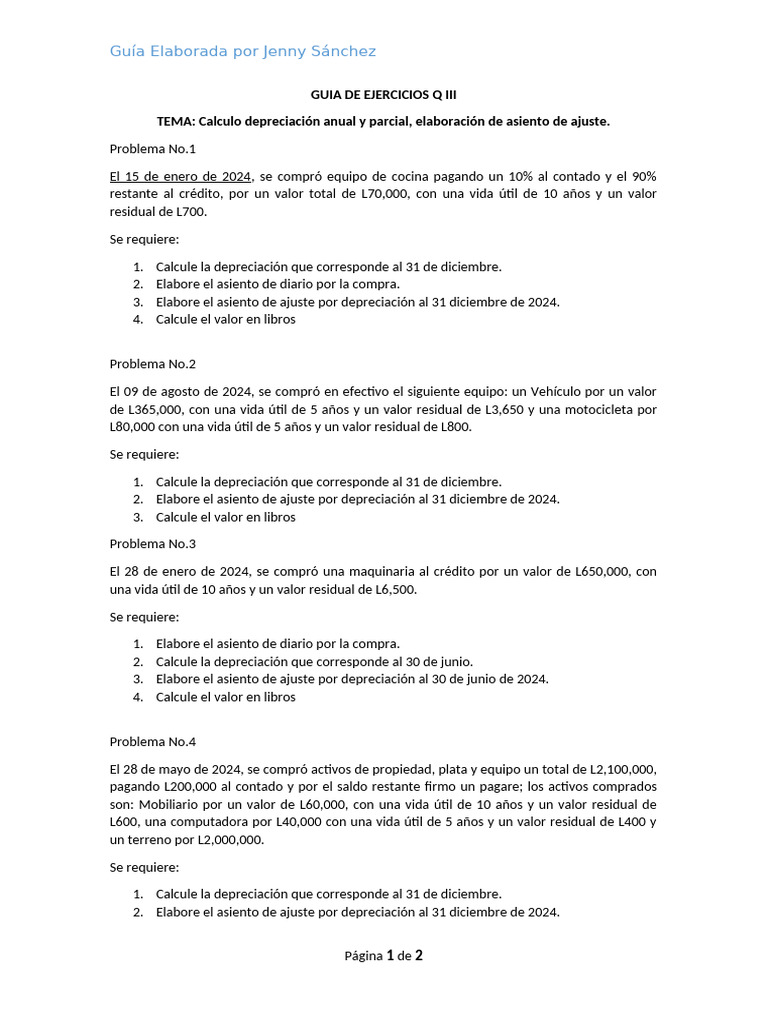Ejercicios de Depreciación y Asientos Contables | PDF | Depreciación ...