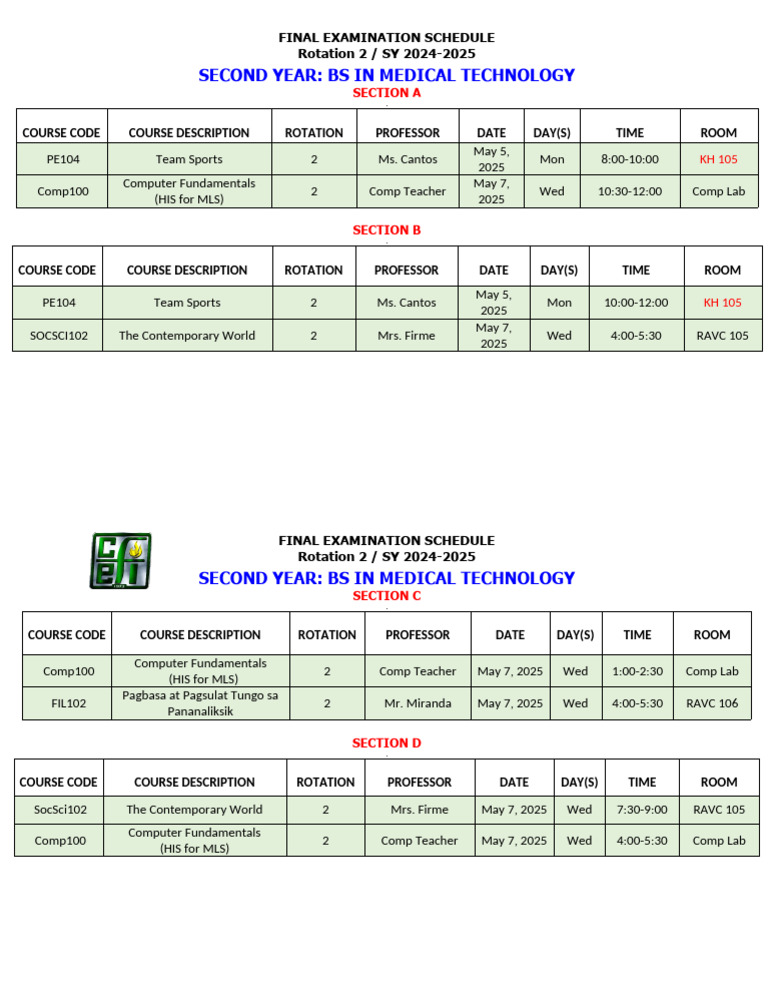BS Medical Technology Exam Schedule 2025 | PDF | Educational Stages