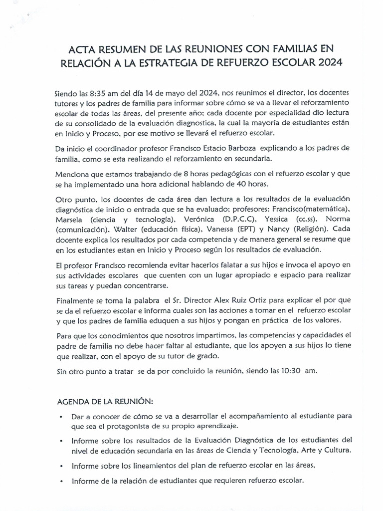 Acta de Reunión Con Familias Sobre Refuerzo Escolar 2024 | PDF