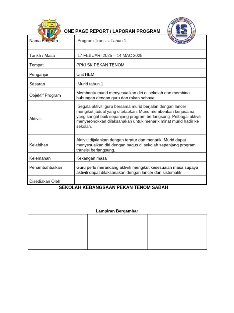 Program Transisi Tahun 1 di SK Pekan Tenom | PDF