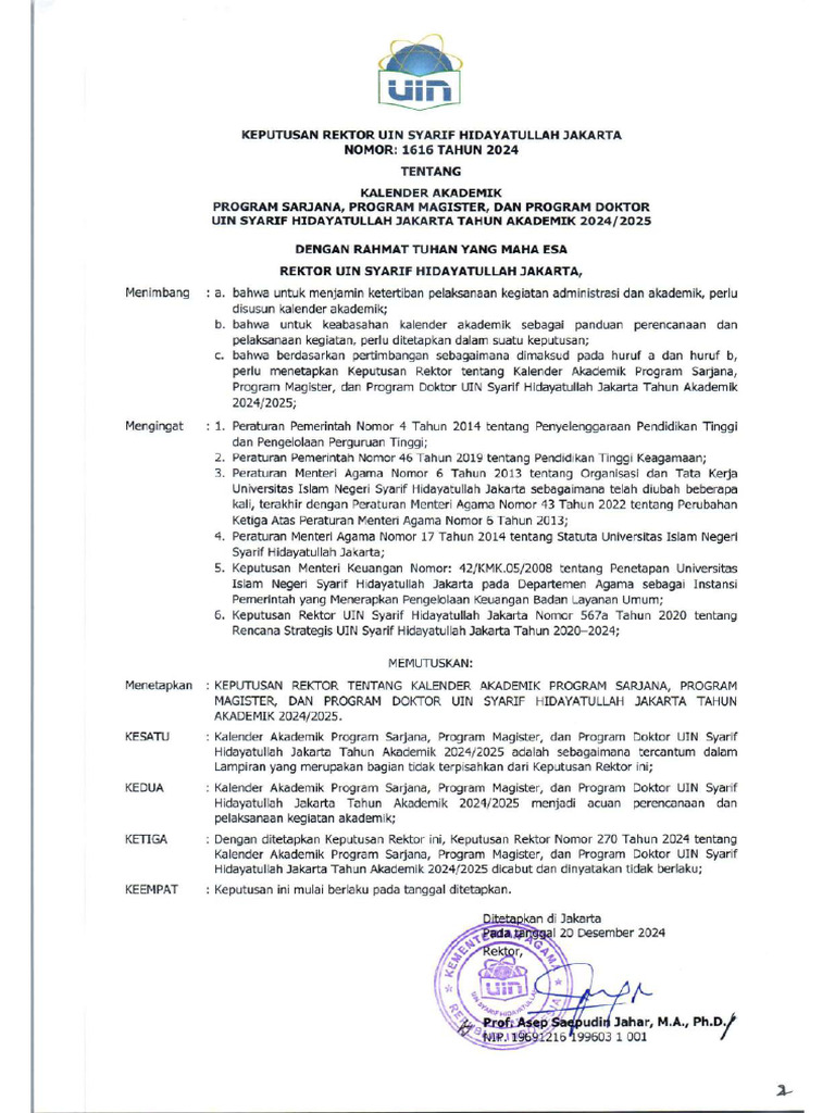 SK Rektor No 1616 TTG Kalender Akademik Ta 24 25 Revisi Akhir | PDF