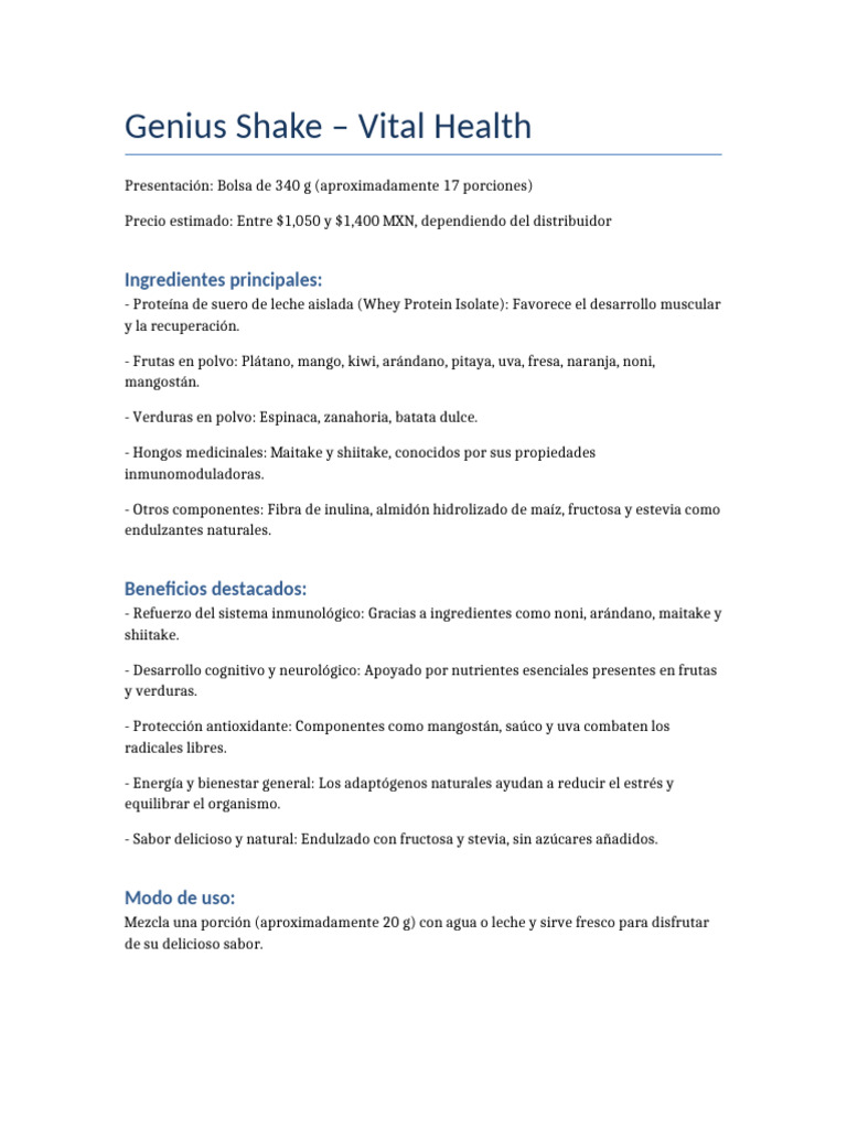 Beneficios del Genius Shake Vital Health | PDF