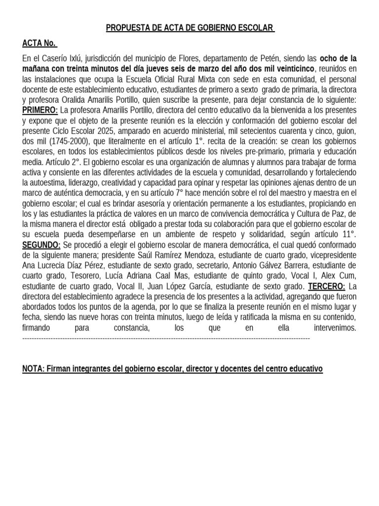 Acta de Gobierno Escolar 2025 en Ixlú | PDF | Escuelas | Maestros