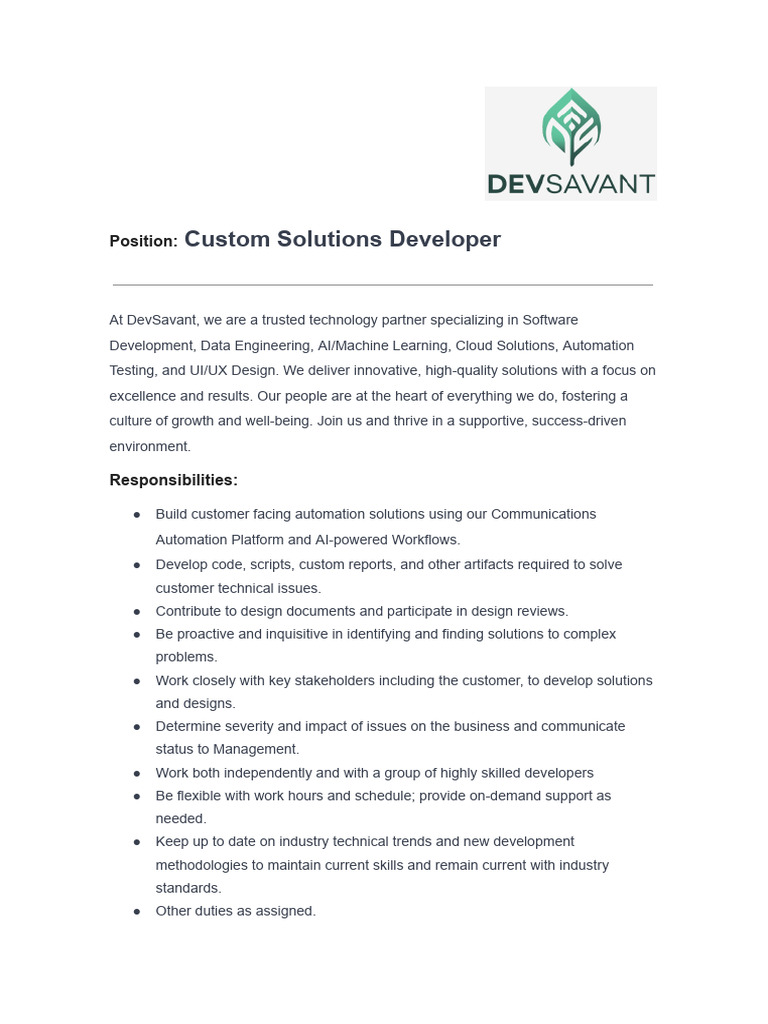 Custom Solutions Developer Position | PDF | Artificial Intelligence ...