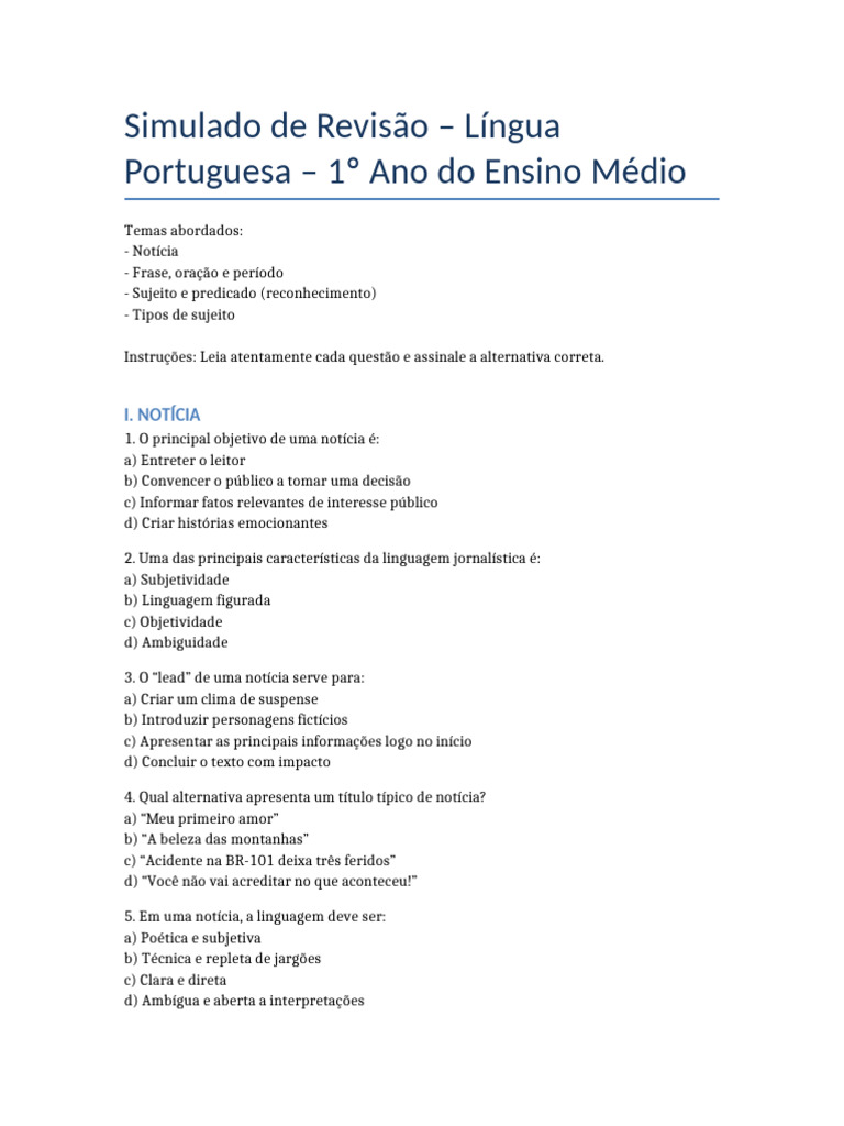Simulado de Português - 1º Ano EM | PDF | Assunto (gramática)