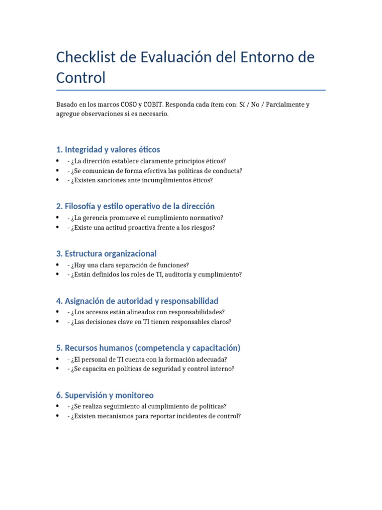 Checklist Entorno Control | PDF