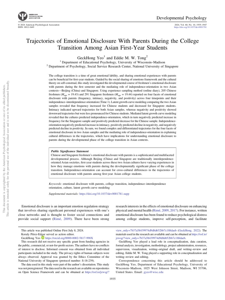 Emotional Disclosure in Asian Freshmen | PDF | Emotions | Affect ...