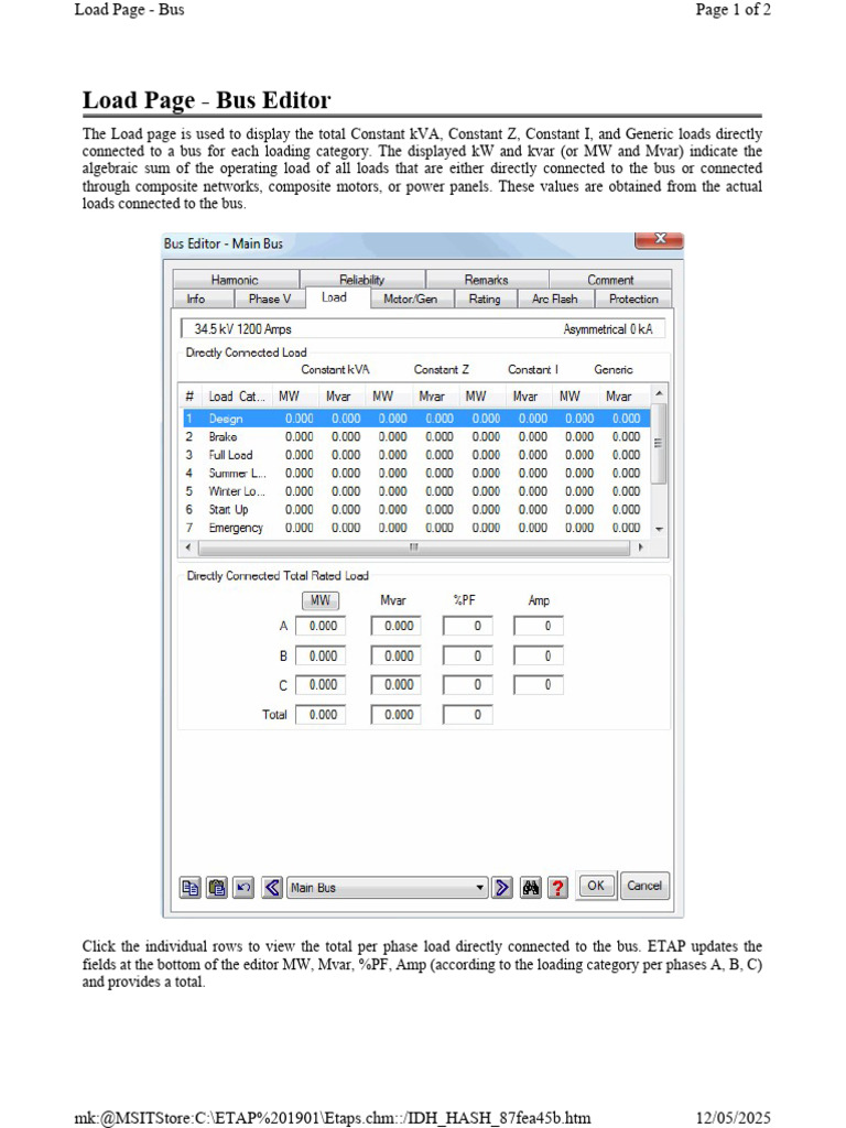 Bus Load Analysis in ETAP Editor | PDF