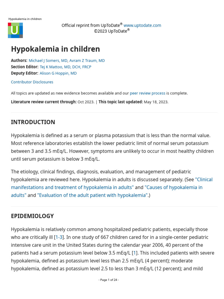 Understanding Pediatric Hypokalemia | PDF | Potassium | Chemistry