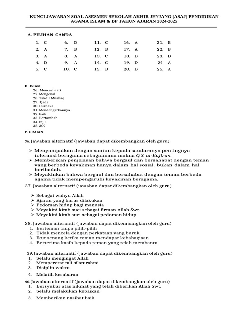 Kunci Jawaban ASAJ PAI 2024-2025 | PDF
