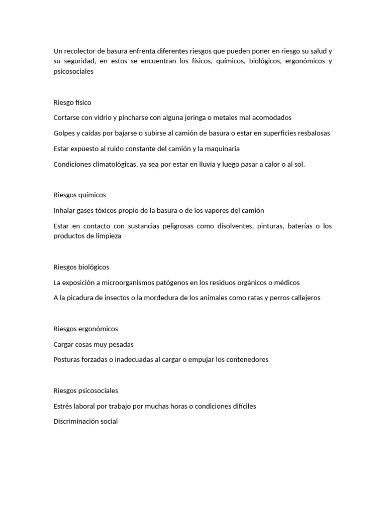 Riesgos para recolectores de basura | PDF