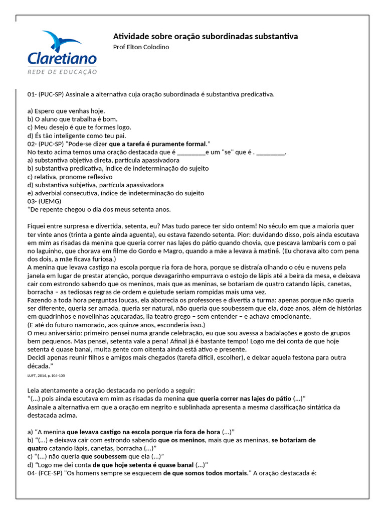 Oração Subordinada Substantiva: Exercícios | PDF | Sintaxe | Gramática