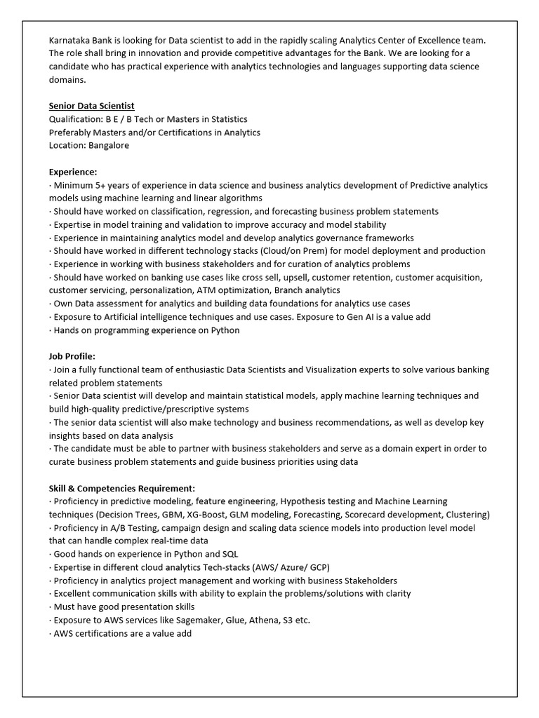 Senior Data Scientist Position at Karnataka Bank | PDF | Analytics ...