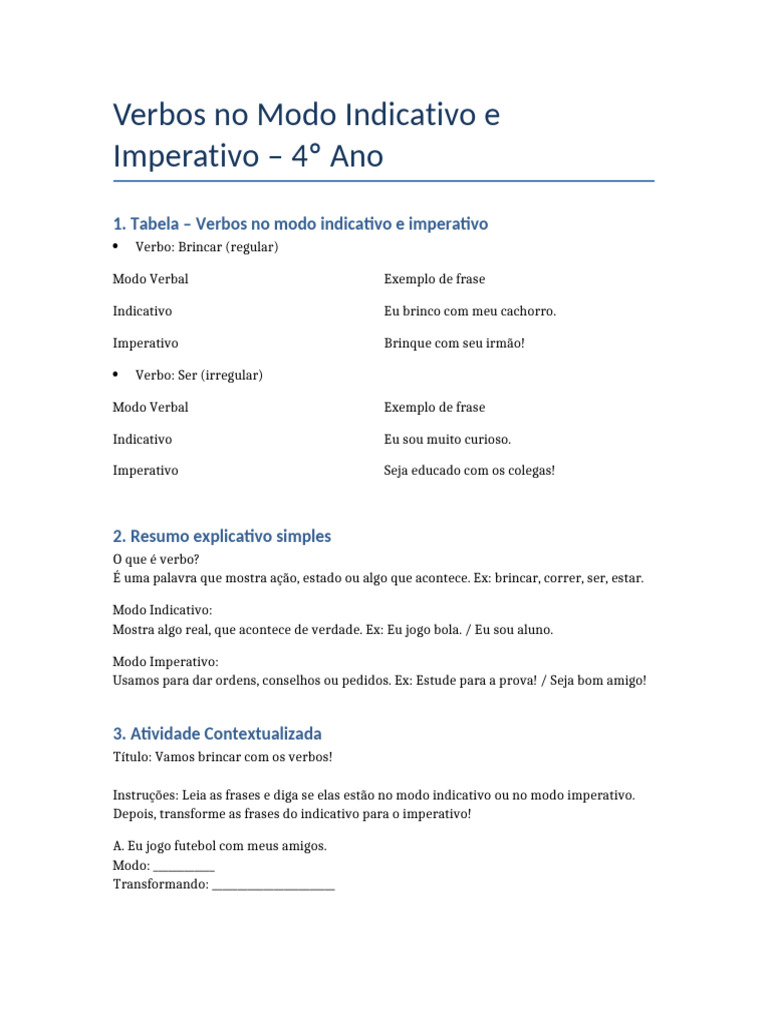 Verbos no Indicativo e Imperativo 4º Ano | PDF