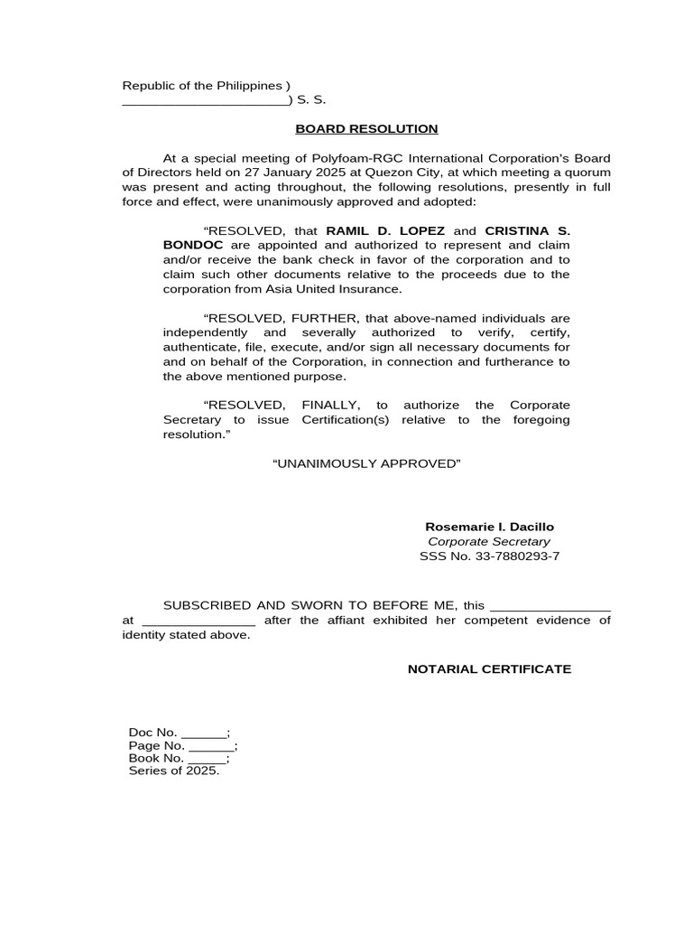 Board Resolution - Polyfoam - Authorizing Cristina Bondoc To Claim ...