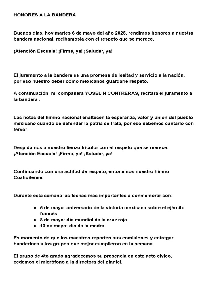 Honores a la Bandera en la Escuela | PDF