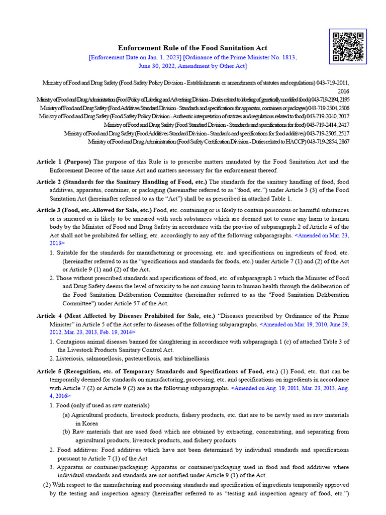 Food Sanitation Act Enforcement Rules | PDF | Food Safety ...