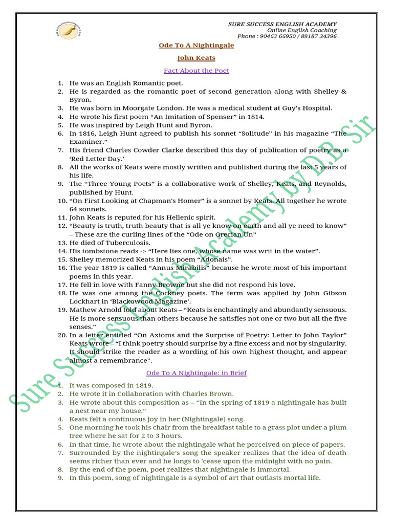 John Keats' Ode to a Nightingale Analysis | PDF | John Keats | Poetry