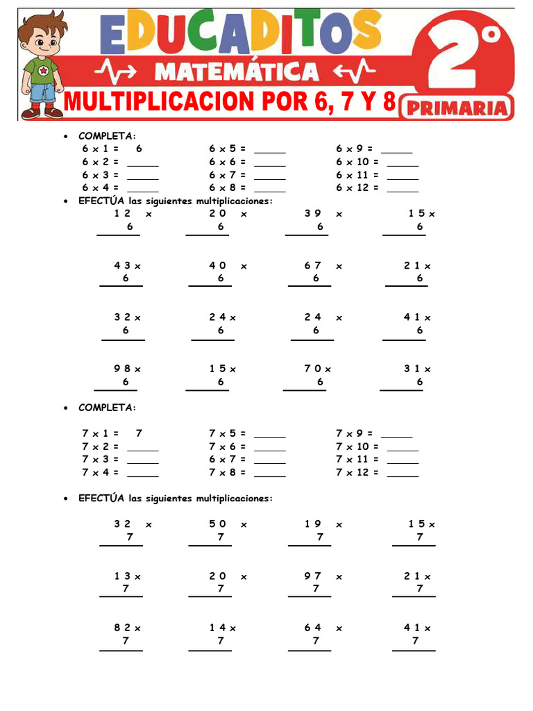 Multiplicacion Por 6 7 y 8 para Segundo Grado de Primaria | PDF