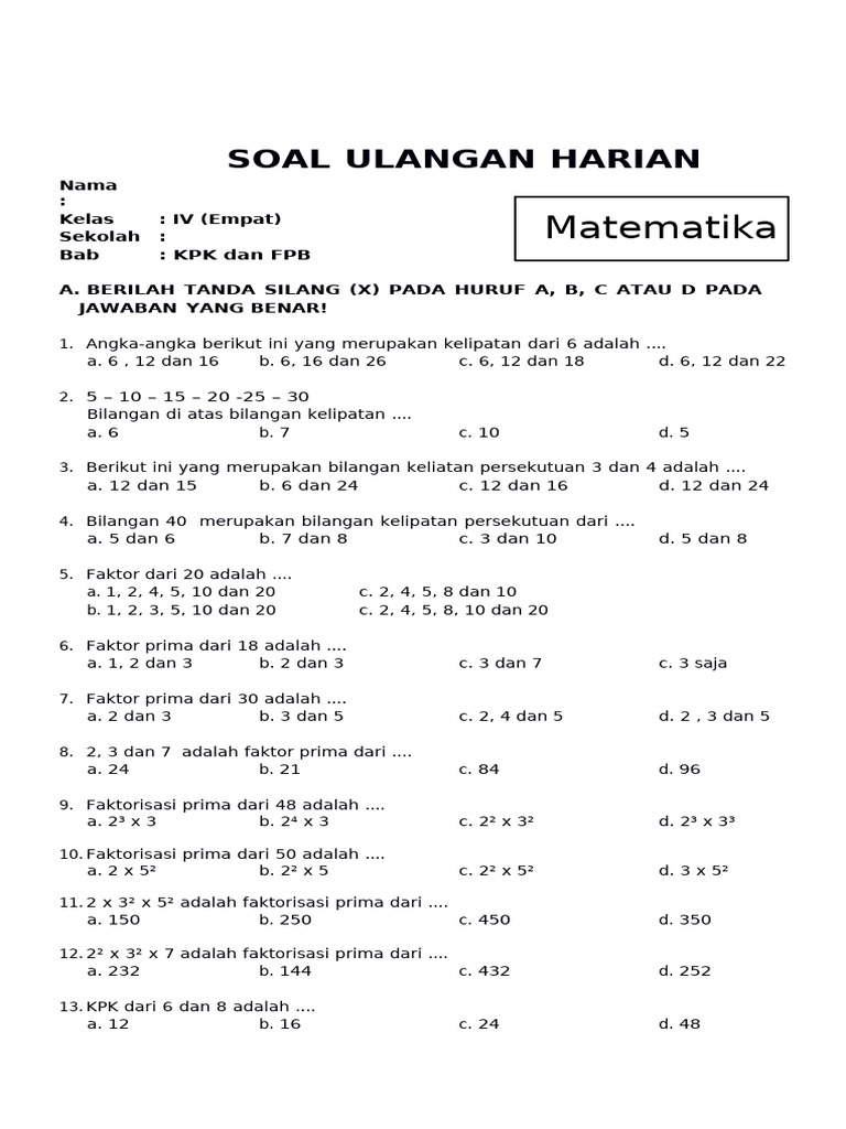 Soal Matematika Kelas 4 SD Bab 4 KPK Dan FPB Dan Kunci Jawaban WWW ...