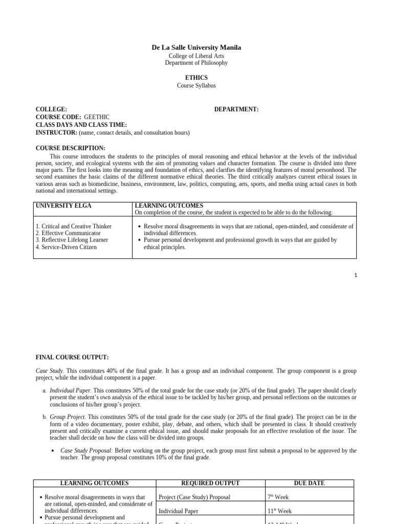 Ethics Course Syllabus Overview | PDF | Liberal Arts Education ...