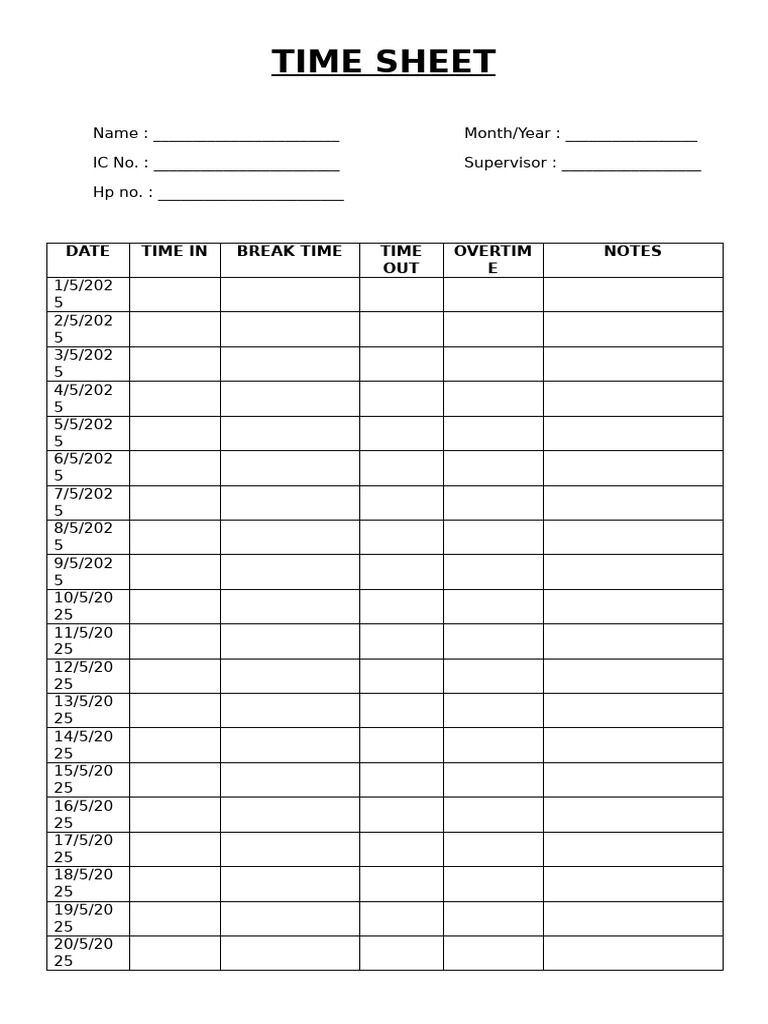 Monthly Time Sheet Template | PDF