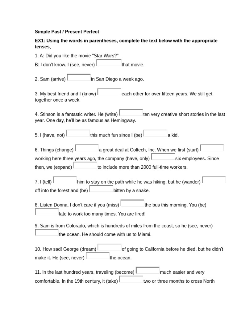 Simple Past vs Present Perfect Exercises | PDF