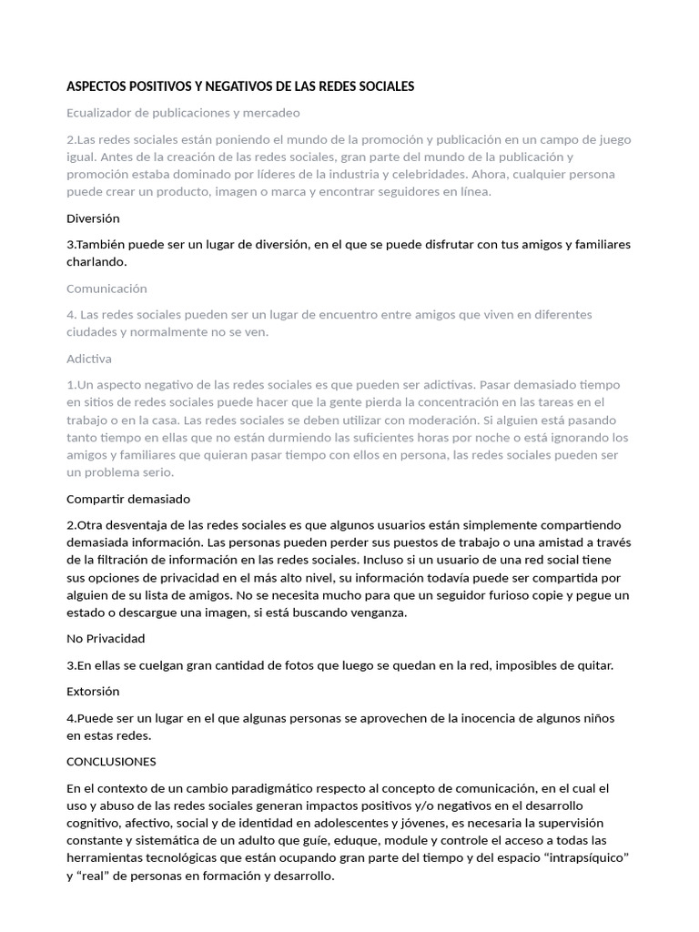 Aspectos Positivos y Negativos de Las Redes Sociales | PDF | Internet ...