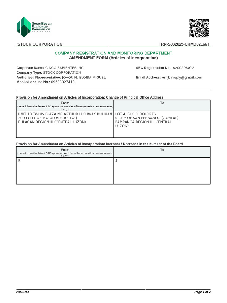 Amendment Form for Cinco Parientes Inc. | PDF | Articles Of Association ...