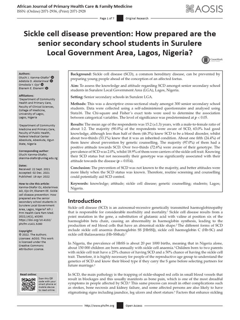 Sickle Cell Disease Awareness in Lagos Students | PDF | Health Care