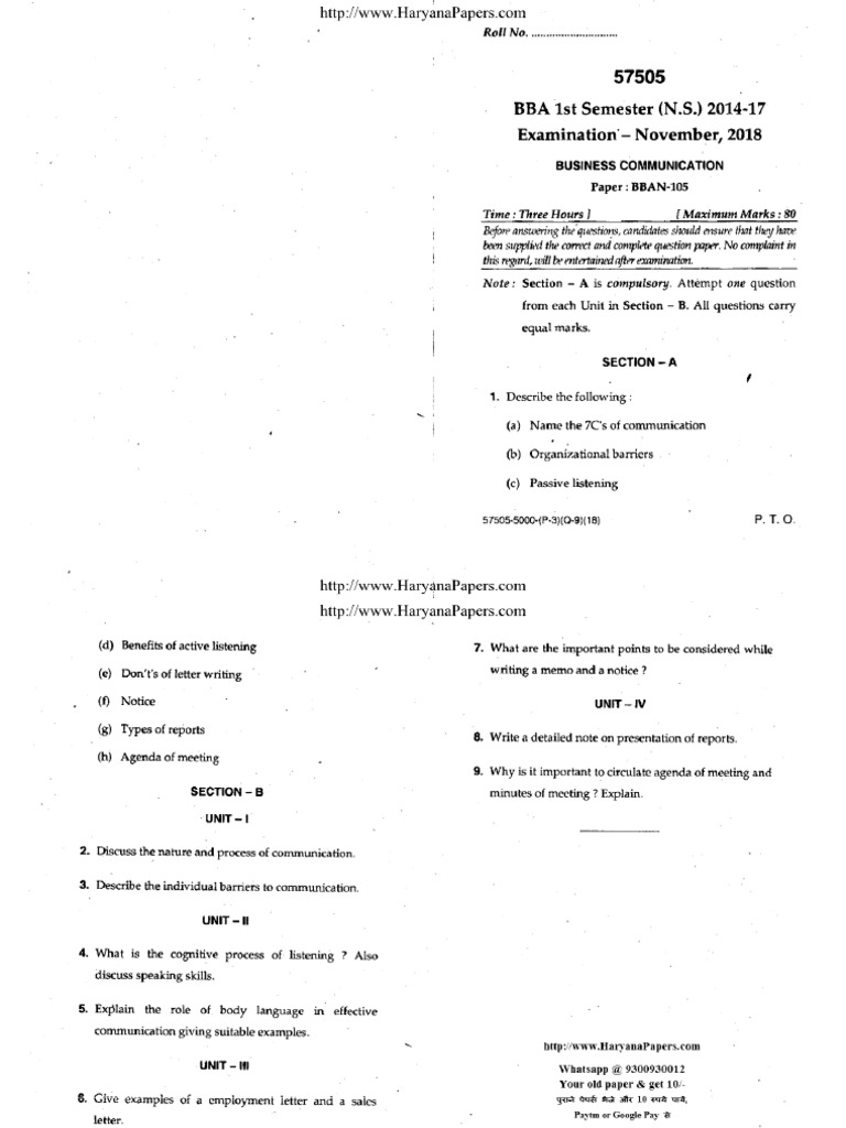 Bba 1 Sem Business Communication 57505 Dec 2018 | PDF