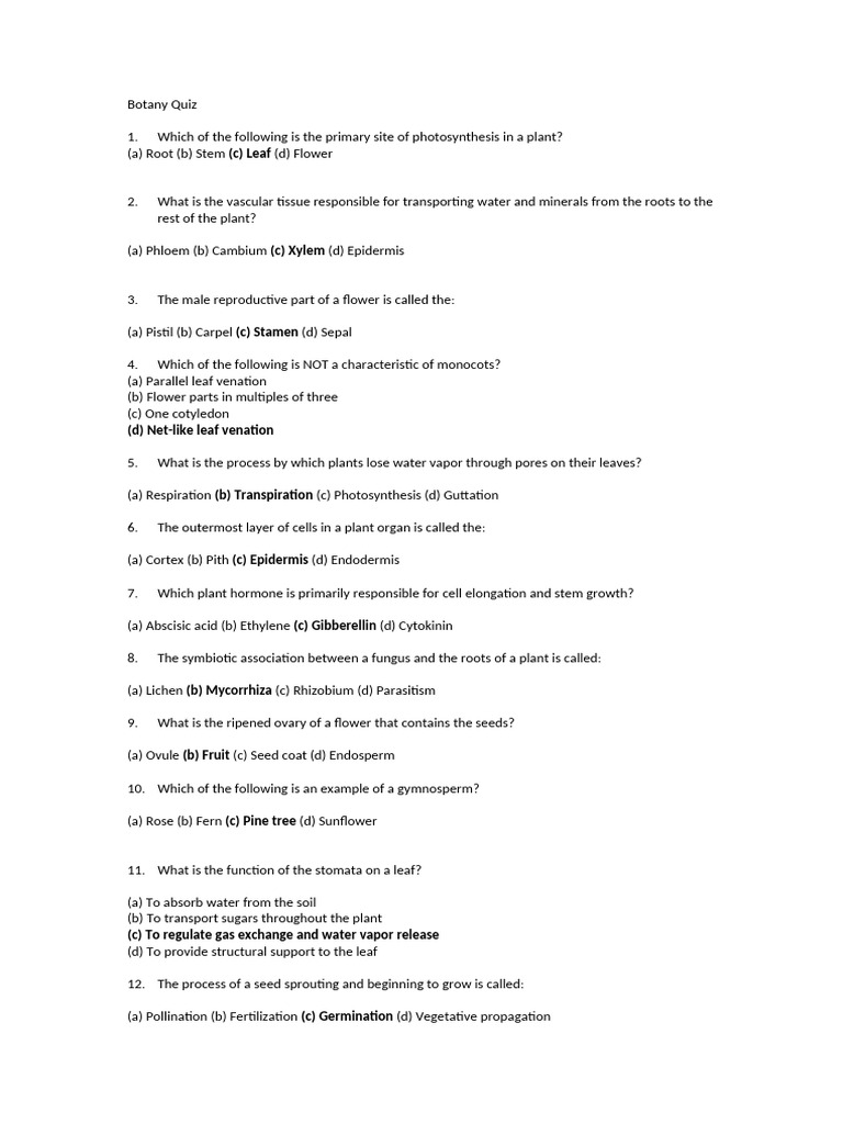 Botany Quiz Questions and Answers | PDF | Root | Plant Stem