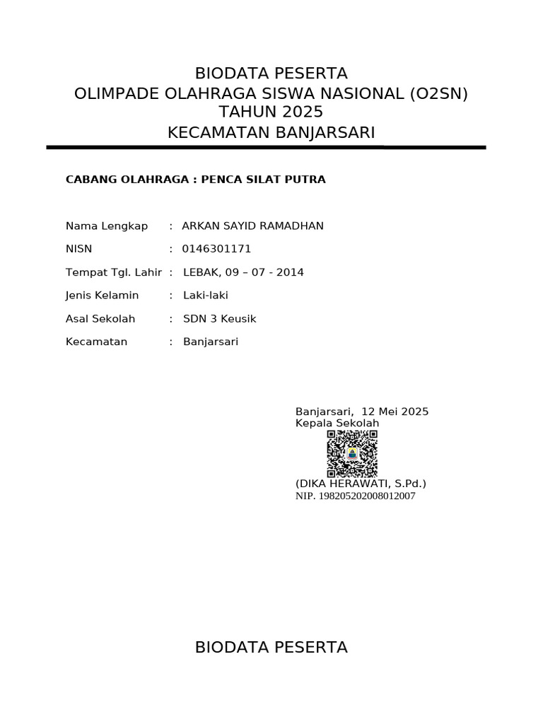 Biodata Peserta O2SN 2025 Banjarsari | PDF