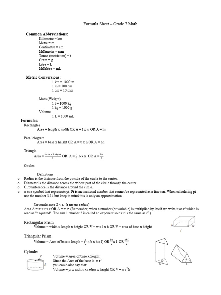 Grade 7 Math Formula Sheet | PDF