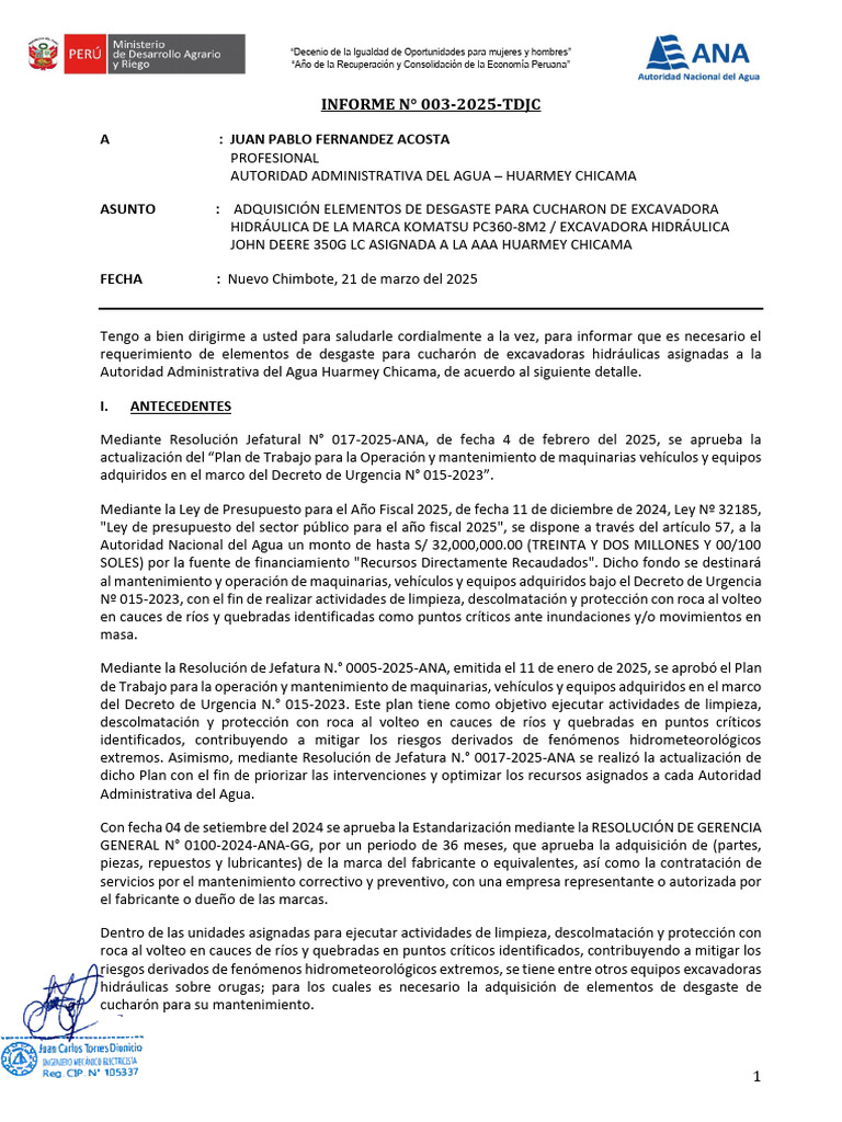 Informe 003-25. Req. Elementos de Desgaste para Excavadoras | PDF