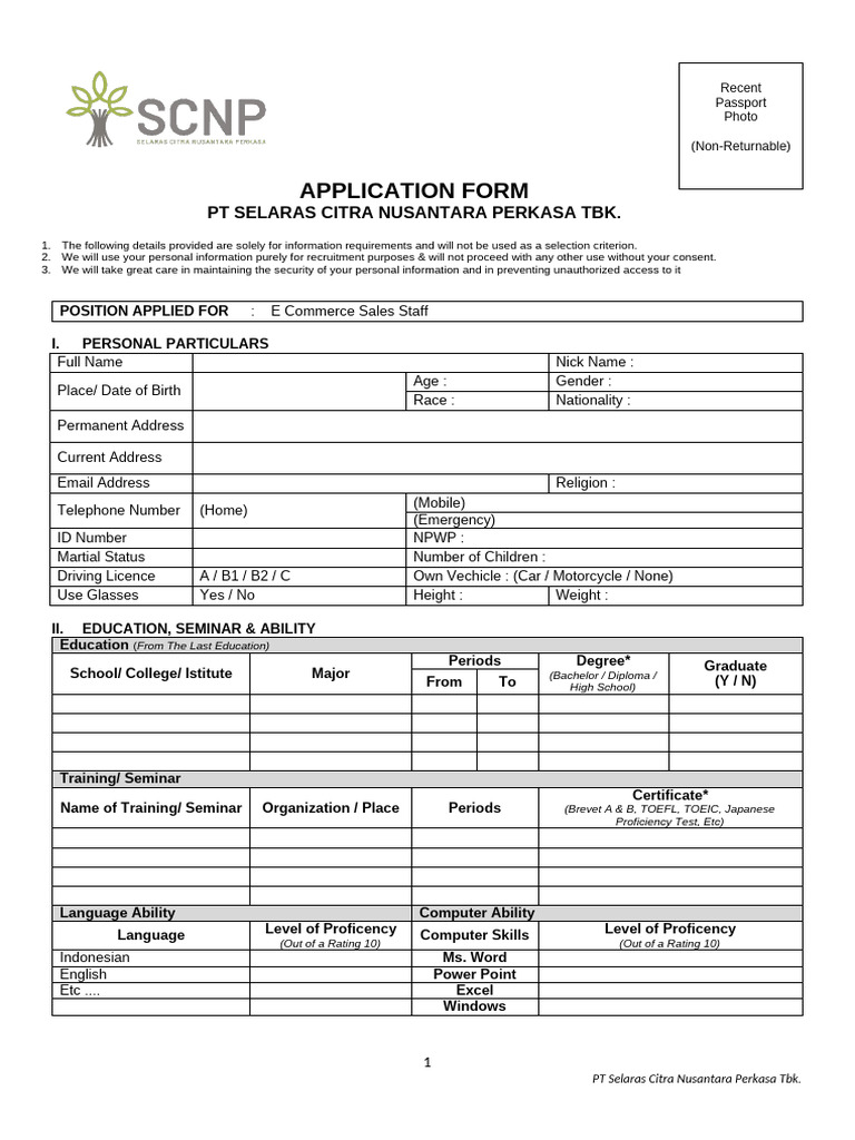 SCNP Application Form 2025 E Commerce Sales Staff | PDF