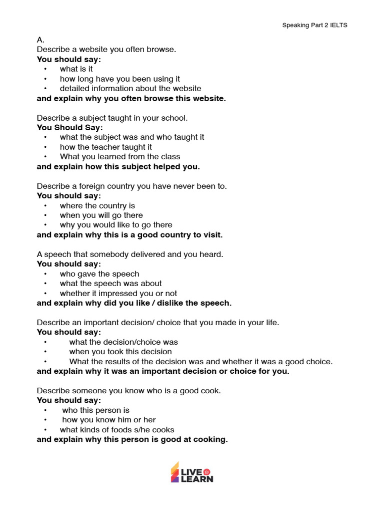 IELTS Speaking Part 2 Topics Guide | PDF