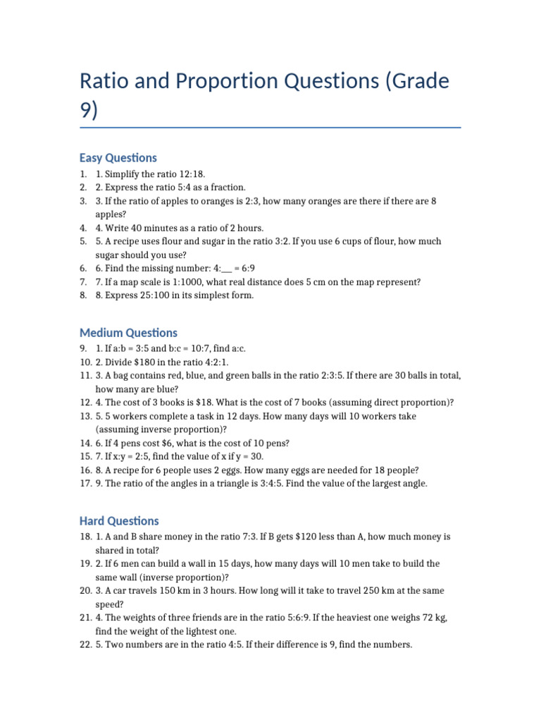 Grade 9 Ratio and Proportion Questions | PDF