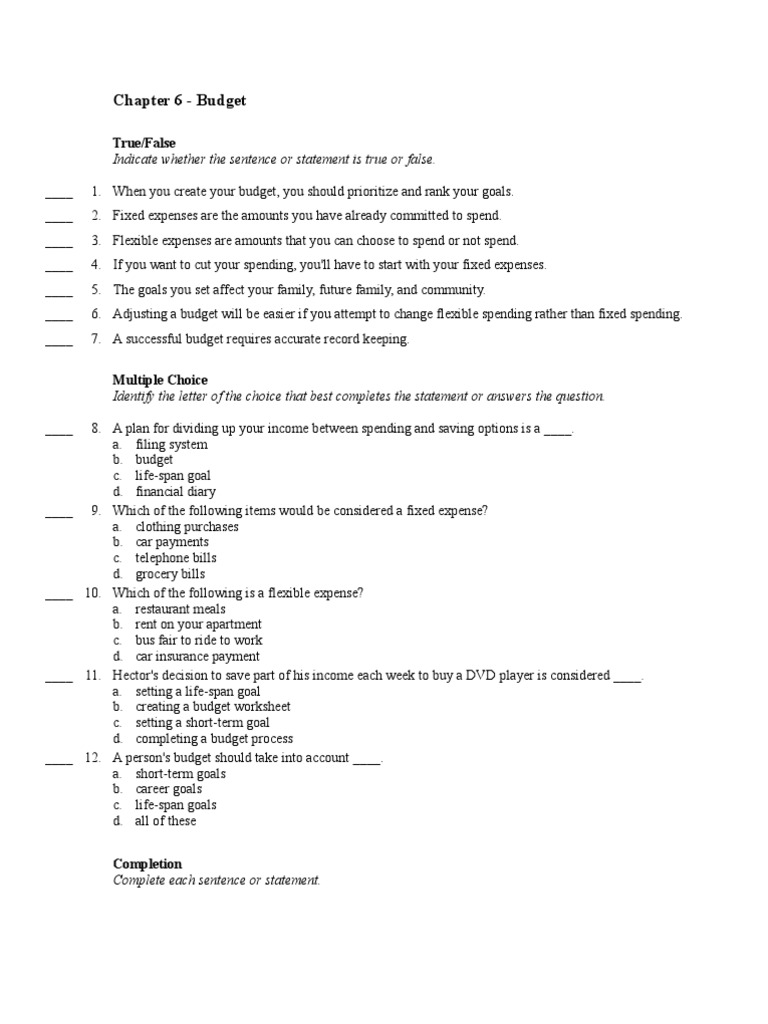 Chapter 6 Budget Test Budget Expense
