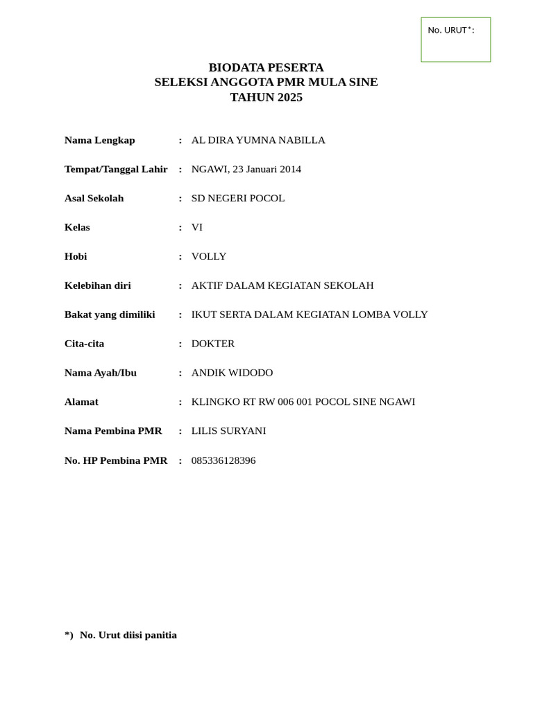 Biodata Al Dira Yumna Nabilla | PDF
