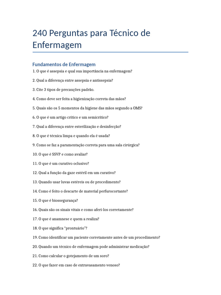 Perguntas Essenciais para Técnicos de Enfermagem | PDF