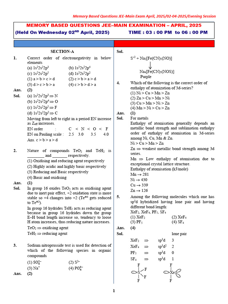 JEE Main_02+April+2025+Evening+Session | PDF | Redox | Atomic Orbital