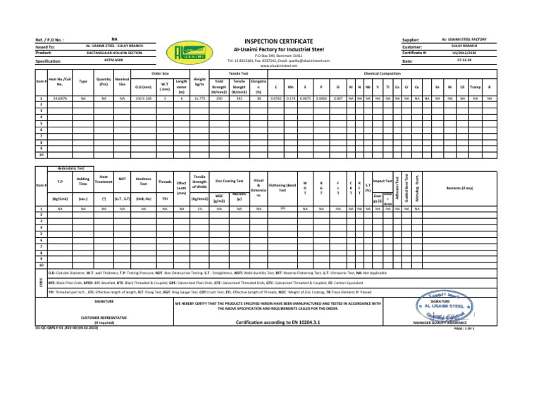 Inspection Certificate: Al-Usaimi Factory For Industrial Steel | PDF ...