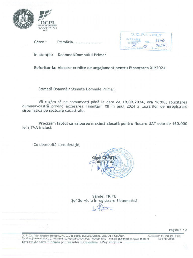 OCPI OLT - Alocare Credite de Angajament Pentru Finantarea XII - 2024 | PDF