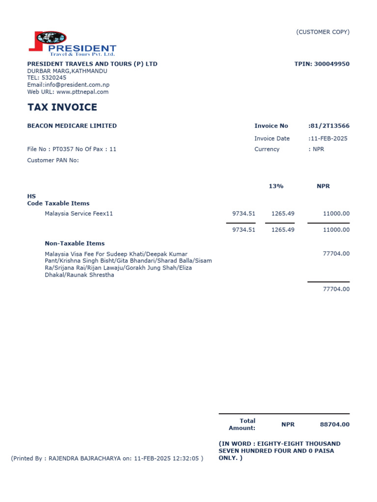 Tax Invoice: President Travels and Tours (P) LTD TPIN: 300049950 | PDF