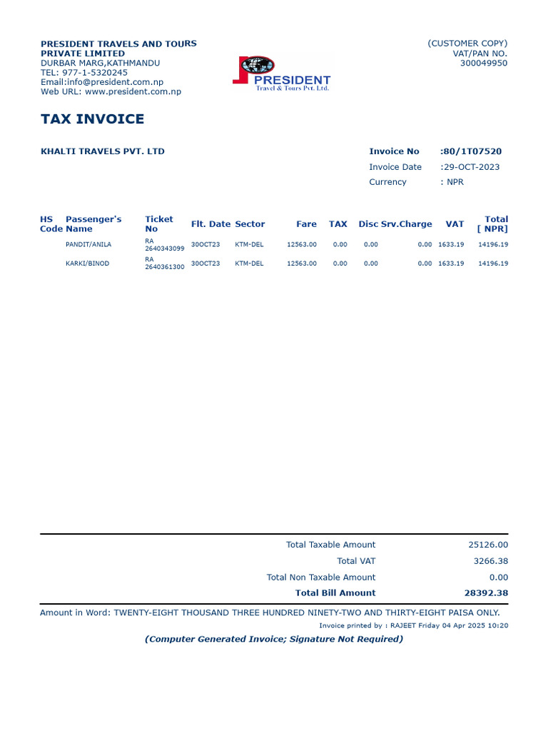 Invoice: President Travels and Tours Private Limited | PDF
