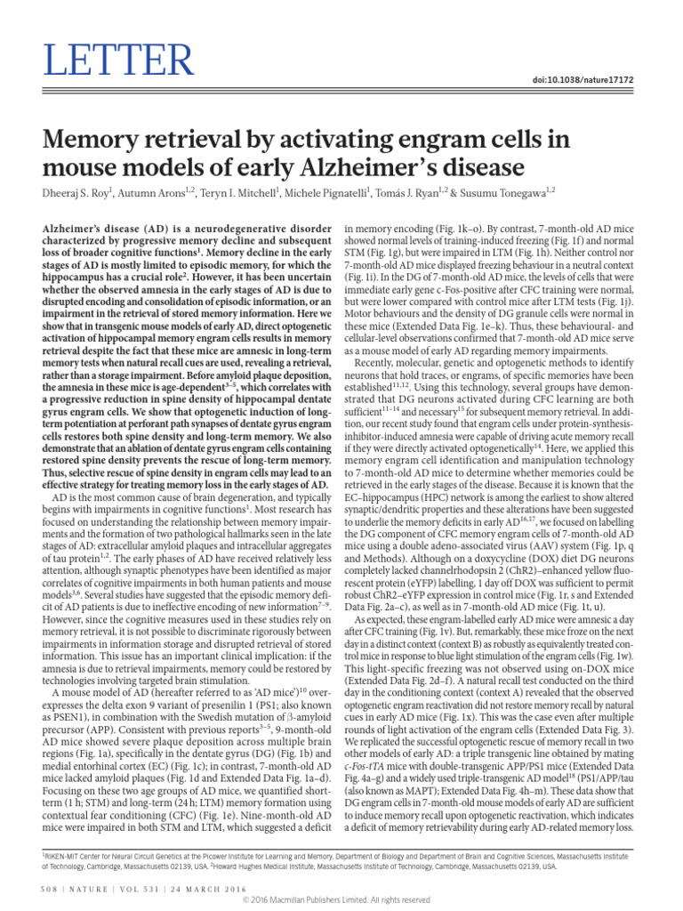 Roy 等 - 2016 - Memory retrieval by activating engram cells in mouse ...