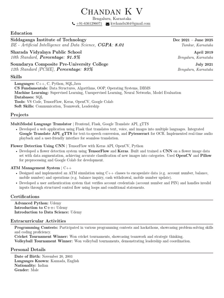 Chandan K V - AI & Data Science Profile | PDF | C++ | Databases