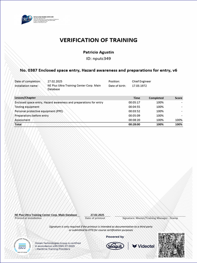 Agustin Patricio's Training Verification | PDF