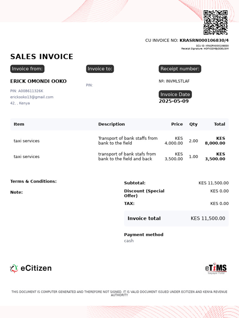 Kenya Taxi Services Invoice 2025 | PDF | Invoice | Receipt